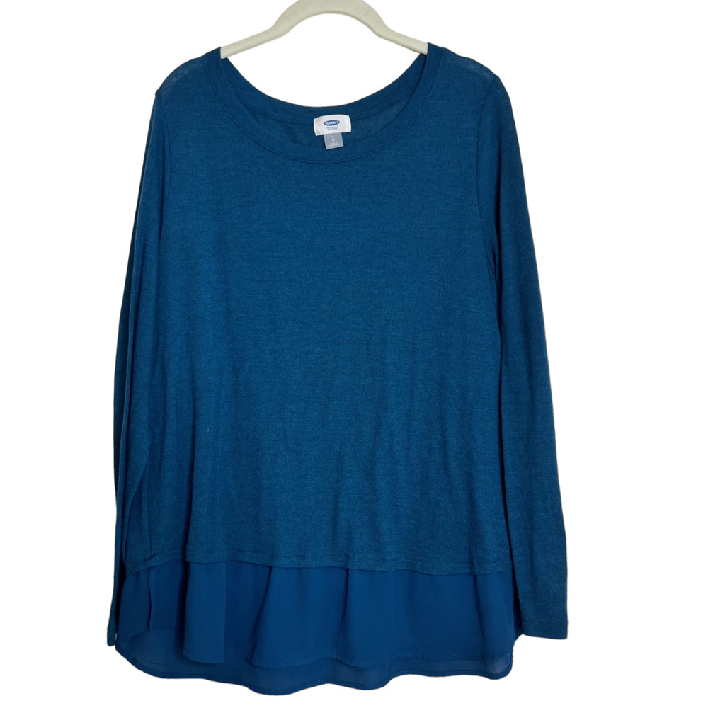 Old Navy Womens Lightweight Sweater Large Dark Teal Chiffon Hem Long Sleeves